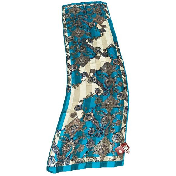 100% Silk Rectangular ASCOT Scarf Florals Beige Blue Peach Cream 69”x21” - Picture 3 of 6